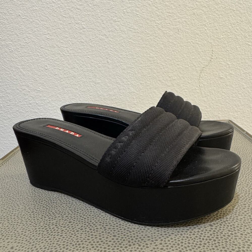 PRADA Logo Black Platform Slide Sandals Size 38.5 Y2K Vintage